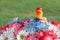 Red White Blue Mum and Daisy Flowers with Patriotic Yellow Rubber Duck