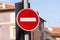 Red and white british no entry road sign