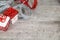 Red and white Christmas packages with glittery ribbon
