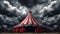 Red and white circus tent, dark clouds in the background,