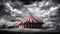 Red and white circus tent, dark clouds in the background