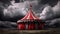 Red and white circus tent, dark clouds in the background