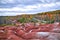 The red and white clay hills of the Cheltenham Badlands formation in Caledon, Ontario, Canada, surrounded by a forest of brightly