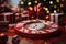 a red and white clock sits on top of a table surrounded by christmas gifts