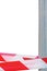 Red White Do Not Cross Ribbon Barrier Tape And Metallic Post, Isolated Grey Construction Site Metallic Pole, Crime Scene Marking V