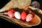 Red and white Easter eggs in pinna nobilis, noble pen shell, macro photography, closeup