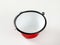 Red and white enamel cauldron / cooking pot with black rim and wire bail handle