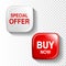 Red and white glossy button on transparent background, plastic square label with text - Special offer, Buy now.