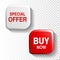 Red and white glossy button on transparent background, plastic square label with text - Special offer, Buy now.