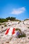 Red white hiking path marks and flowers on mountain Hochobir