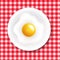 Red And White Ingham Tablecloth With Plate And Fried Egg