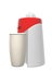 Red and white juicer and tall beige glass, 3D illustration