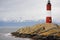 Red and white lighthouse in the Beagle Channel, Ushuaia, Tierra del Fuego, Argentina.