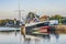 Red White Lighthouse Fishing Boat Reflection Entrance Harbor Honfluer France