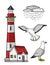 Red and white lighthouse, rain cloud and seagull, vector colored lineart