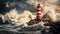 Red and white lighthouse standing on rock on coast, sea waves crashing wildly against rock under dramatic sky