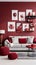 a red and white living room with red accents Scandinavian interior Master Bedroom with Deep Red