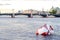 Red and white metal mooring buoys.