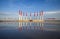 Red and White monument, a landmark in a city park, public space in Tanjung Balai, Indonesia.