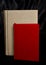 Red and white notebook with bookmark on textured dark black leather background