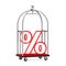 Red and White Percent Symbol on a Silver Chrome Luxury Hotel Luggage Trolley Cart. 3d Rendering