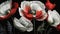 Red and white poppies on black background. White-washed graphic wallpaper texture. Generative AI