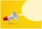 Red and white realistic megaphone and blank speech bubble isolated on yellow pop art background. Vector 3d bullhorn