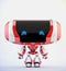 Red-white robot toy with blue eyes, 3d rendering