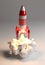 Red and white rocket launching 3D rendering