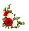 Red and white rose flowers with eucalyptus leaves in a corner ar