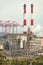 Red and white smokestacks in a Chemical plant