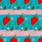 Red and white strawberries on striped background with text `Love Berry`.