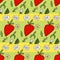 Red and white strawberries on striped yellow green background with text `Love Berry`.