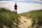 Red and white striped lighthouse at the end of a sandy path through sand dunes overgrown with dune grass, made with generative ai