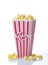 Red and White Striped Popcorn Container with Popcorn on a White Background