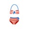 Red and white striped swimsuit with blue bows. Two-piece bathing suit. Vintage high-waisted bikini. Flat vector icon