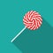 Red and white swirl lollipop icon with long shadow