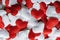 Red and white textile hearts closeup