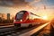 A red and white train traveling down train tracks. High-speed suburban train at sunset