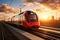 A red and white train traveling down train tracks. High-speed suburban train at sunset