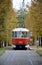 Red and white tram bus from Prague