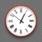 Red and white wall office clock icon with roman numbers. Design template vector closeup. Mock-up for branding and advertise