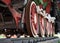 Red and white wheels of the old steam locomotive