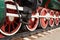 Red and white wheels of the old steam locomotive