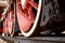 Red and white wheels of the old steam locomotive