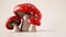 Red and white wild mushrooms. Copy space on the right. 3D illustration