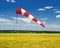 red and white windsock on blue sky on the aerodrome, yellow field and clouds background