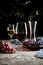 Red and white wine in elegant glassware