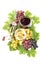 Red white wine glasses grape vine green leaves Food beverages