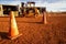 Red,white witches cone hat safety caution traffic warning sign barrier applying on the ground